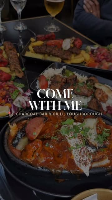 A 'come with me' style video showcasing a visit to Charcoal Bar & Grill in Loughborough, featuring shots of the interior, menu, and various Turkish dishes.