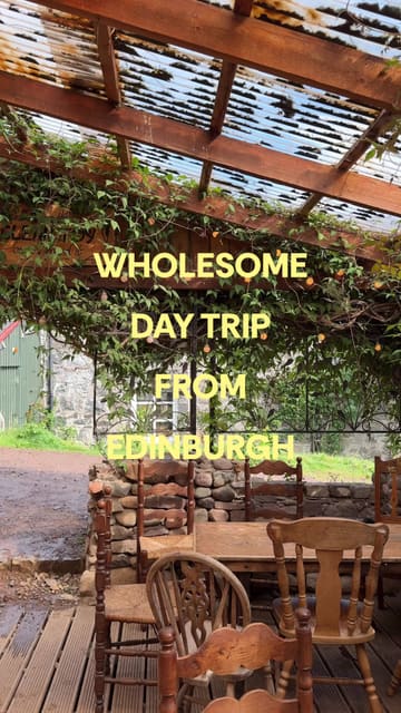A vlog-style day trip guide from Edinburgh to Comrie Croft, showcasing a cozy cafe lunch, a forest sauna experience, and a visit to the farm shop for fresh produce.