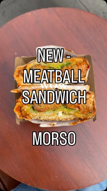 A short video showcasing a new meatball sandwich from Morso, featuring the shop exterior and close-up shots of the sandwich.