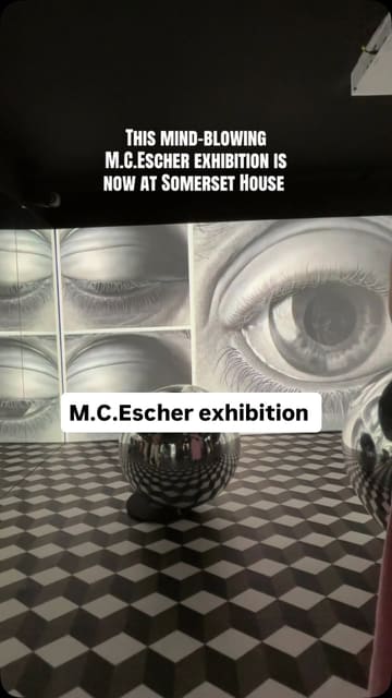 A tour of the M.C. Escher exhibition at Somerset House, showcasing various artworks, interactive displays, and the venue space.