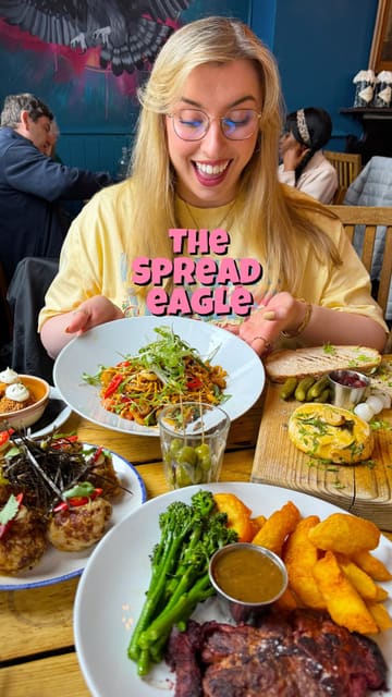The creator visits The Spread Eagle, London's only fully vegan pub, to review their new spring menu. The video features a variety of dishes including a lion's mane mushroom steak, tempeh croquettes, and desserts, all presented with enthusiastic commentary.