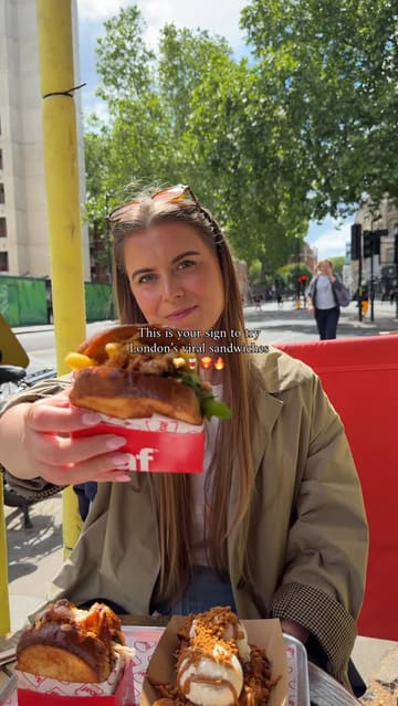 A fast-paced, engaging review of Loaf in Farringdon, London. The video features the creator trying various brioche sandwiches, fries, drinks, and a Biscoff French toast dessert. It uses quick cuts and on-screen text to highlight the menu items and the overall experience, effectively positioning the venue as a viral, must-try spot.