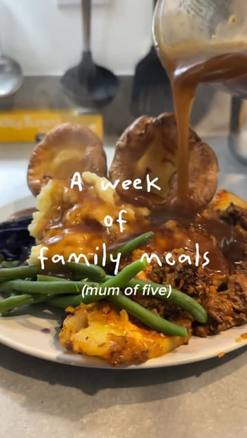 A montage of various home-cooked family meals, including pasta bakes, roast dinners, and nachos, presented as meal inspiration for a busy family.
