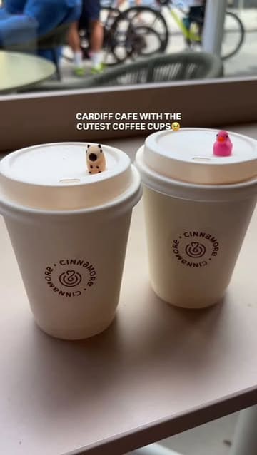 A short, upbeat reel showcasing a cafe in Cardiff Bay known for its unique animal-themed coffee cup toppers. The video features close-ups of the coffee, a quick pan of the pastry display, and an exterior shot of the venue.