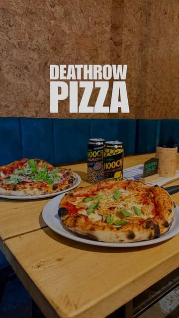 A short promotional video for Deathrow Pizza in Birmingham's Jewellery Quarter, highlighting their customizable pizzas, drink selection, and board game area.