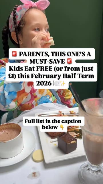 A compilation video listing various UK hospitality venues offering 'Kids Eat Free' or discounted meal deals for the February half-term, aimed at parents looking for budget-friendly family dining options.