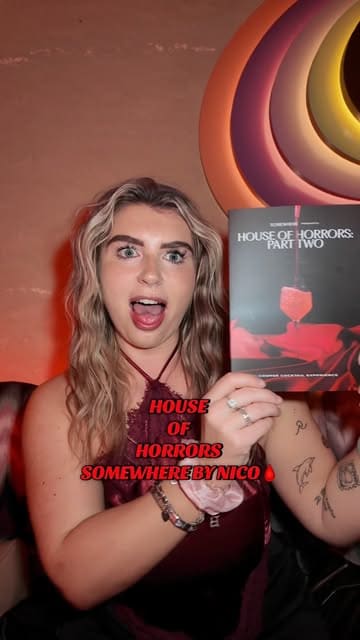 A fast-paced, energetic review of the 'House of Horrors' cocktail experience at Somewhere by Nico. The video features the creator trying various themed cocktails, interacting with performers, and showcasing the immersive atmosphere of the venue.