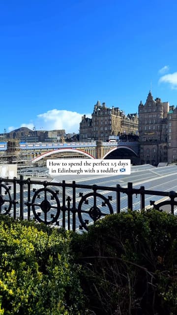 A fast-paced travel itinerary video showcasing a 1.5-day trip to Edinburgh with a toddler, highlighting various tourist attractions, restaurants, and cafes.