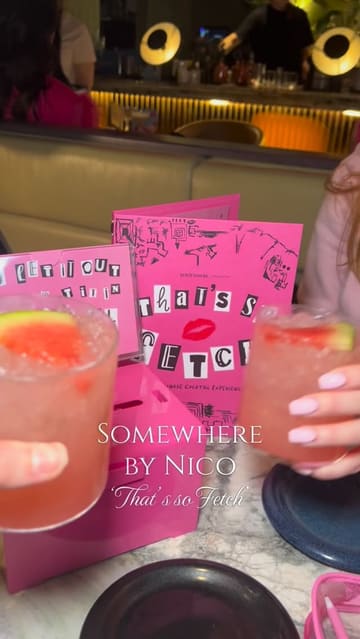 A promotional reel for the 'That's so Fetch' cocktail experience at Somewhere by Nico, featuring themed drinks, menu items, and live entertainment.