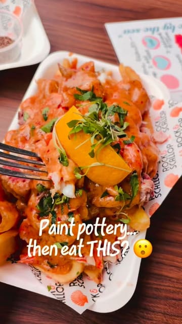 A video showcasing a pottery painting night out at the Albert Hall in Swansea, featuring food from Burger Boyz and Rock & Scallop, highlighting the combination of creative activity and dining.