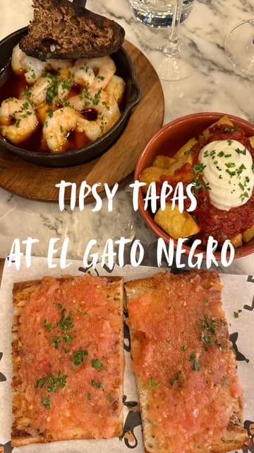 A promotional montage showcasing the 'Tipsy Tapas' bottomless brunch offer at El Gato Negro Tapas, featuring a variety of small plates, cocktails, and the restaurant's interior.