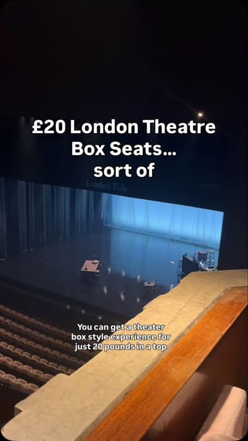 A short vlog-style video showcasing specific 'side circle' seats at the National Theatre in London, highlighting them as an affordable 'box-style' experience for £20.