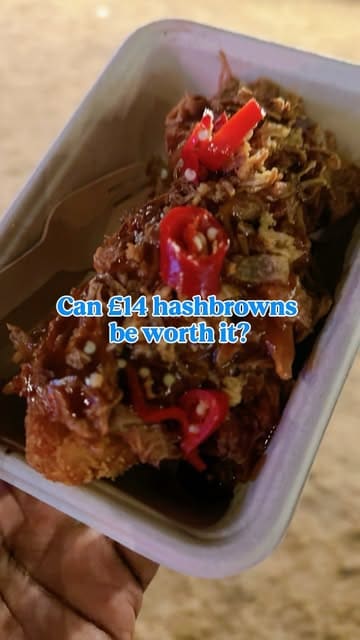 A video review of 'Hash Hut' at a festival, where the creator evaluates whether the £14 loaded hash browns are worth the price.