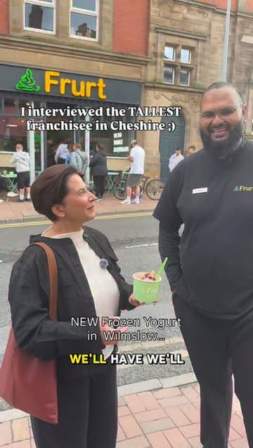 A short vlog-style interview with the franchisee of a new Frurt frozen yogurt shop in Wilmslow, showcasing the self-serve machines, toppings, and the shop exterior.