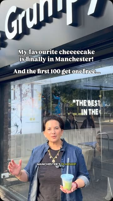 A promotional video announcing the opening of The Grumpy Baker's flagship store in Manchester, highlighting their signature cheesecake and new 'Cloud Matcha' drink.