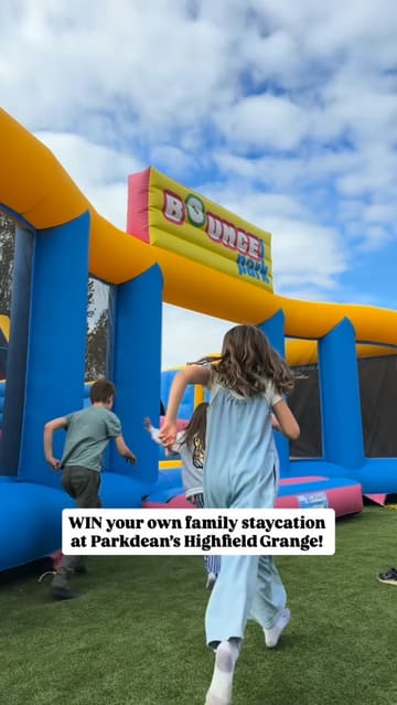 A promotional reel showcasing a family staycation at Parkdean's Highfield Grange, highlighting various on-site activities including a bouncy park, arcade, high ropes course, swimming pool, archery, and go-karts.