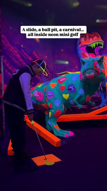 A fast-paced, neon-lit tour of Globalls in Brighton, showcasing various themed mini-golf courses, interactive games, a ball pit, and a slide. The video highlights the immersive and quirky nature of the venue, appealing to families and groups looking for a fun activity.