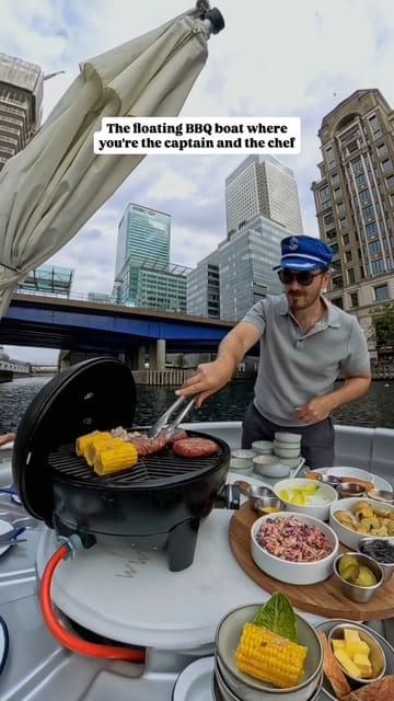 A video showcasing a unique floating BBQ boat experience in Canary Wharf, where guests can pilot the boat and cook their own food while cruising.