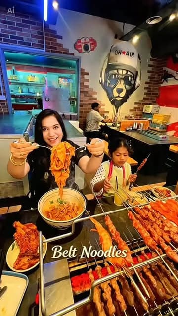 A family-focused vlog showcasing a visit to Belt Noodles in London, highlighting their signature wide belt noodles and grilled skewers.