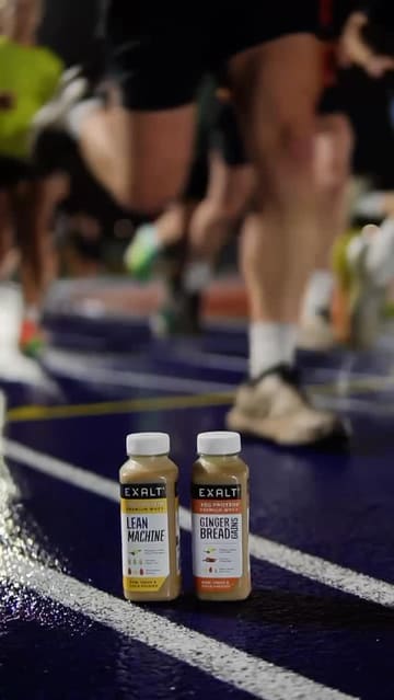 A high-energy recap video of a community running club event in Cardiff, featuring participants socializing and consuming EXALT protein drinks after their run.