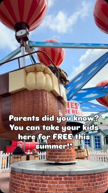 A fast-paced montage showcasing various rides, the zoo, and character interactions at Drayton Manor theme park, aimed at promoting a 'kids go free' summer offer.