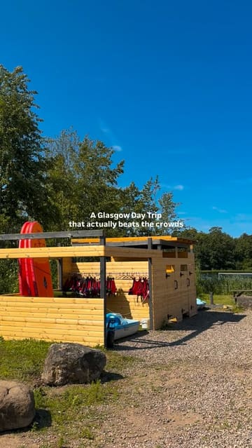 A montage video showcasing a day trip to Eden Springs Country Park, highlighting activities like wild swimming and sauna sessions, followed by a visit to a nearby restaurant for lobster rolls.