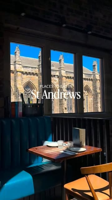 A travel-focused listicle video showcasing five different dining spots in St Andrews, Scotland, including a seafood restaurant, a taco shop, a toastie shack, a bakery, and a seafood restaurant.
