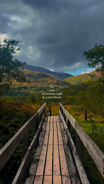 A travel-focused reel showcasing a day trip in Scotland, featuring an autumn walk near the Falls of Falloch and a dinner at The Drovers Inn.