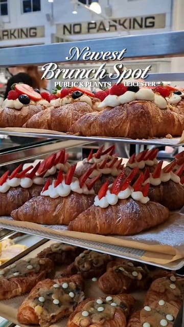 A promotional video for 'Public & Plants' in Leicester, featuring a variety of brunch items including pastries, grilled cheese, and coffee. The video highlights the cafe's industrial, plant-filled interior and relaxed atmosphere through a series of smooth, well-composed shots.