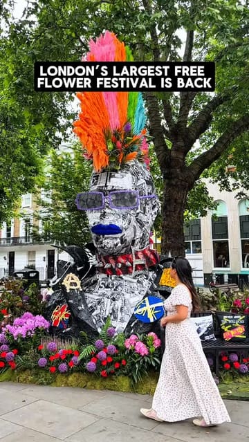 A montage showcasing various floral art installations across Chelsea for the annual Chelsea in Bloom festival. The video highlights different creative displays, including zodiac-themed sculptures and other artistic arrangements, set to music with text overlays providing information about the event dates and location.
