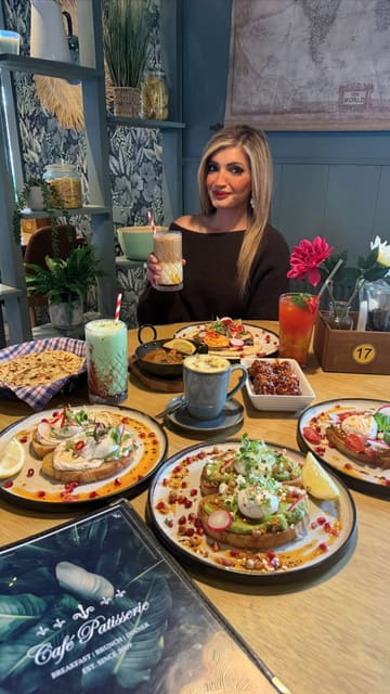 A montage showcasing the interior and new menu items at Cafe Patisserie in Bradford, including various brunch dishes, curries, and drinks.