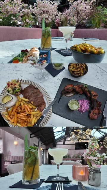 A short montage showcasing the exterior, interior decor, and various food and drink items at Basrah Lounge.