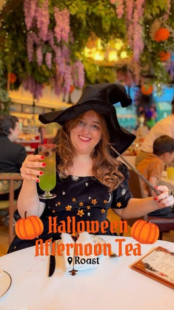 A creator visits Roast London to review their Halloween-themed afternoon tea, featuring themed decor, cocktails, and sweet treats.