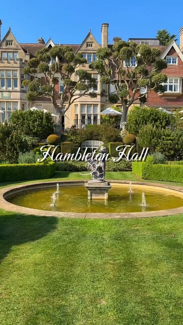 A cinematic, slow-paced tour of Hambleton Hall, showcasing its historic architecture, lush gardens, scenic views of Rutland Water, and high-end dining experience.