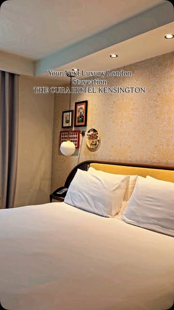A short, aesthetic reel showcasing a staycation at The Cura Hotel Kensington, featuring shots of the hotel room, a welcome dessert, dinner at the hotel restaurant, and breakfast the following morning.