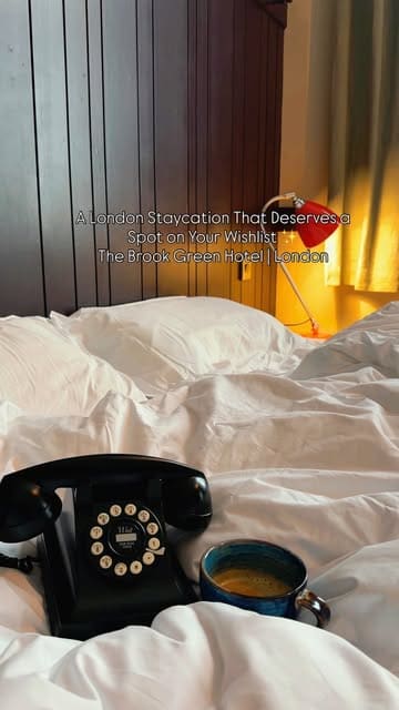 A montage showcasing a stay at The Brook Green Hotel in London, featuring the hotel room, dining experiences, and a secret bar.