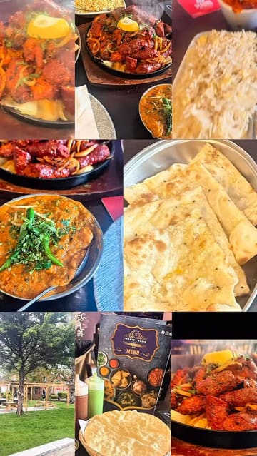 A promotional video for The Fradley Arms, featuring a montage of Indian bar and grill dishes including mixed grills, curries, and sides, interspersed with shots of the venue's exterior and interior neon signage.