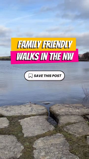 A compilation video showcasing six family-friendly walking locations in the North West of England, featuring text overlays with location names and postcodes.