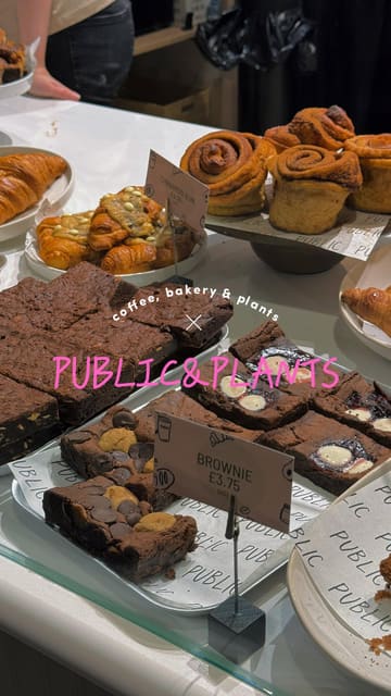A short video review of the Public & Plants cafe in Leicester, featuring shots of the interior, the pastry display, and close-ups of the crookie and pistachio croissant.