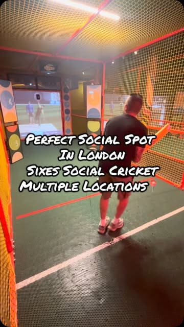 A video review of a visit to Sixes Social Cricket, featuring the cricket simulator games, the bar area with sports screens, and a selection of casual food including burgers, fries, and chicken tenders.