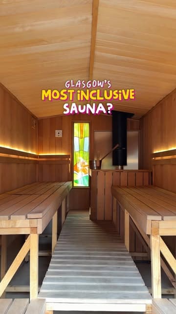A vlog-style reel showcasing the Glasgow Community Sauna, highlighting its inclusive features like accessible changing rooms and ramps, while showing a group of friends enjoying the sauna and plunge pools.