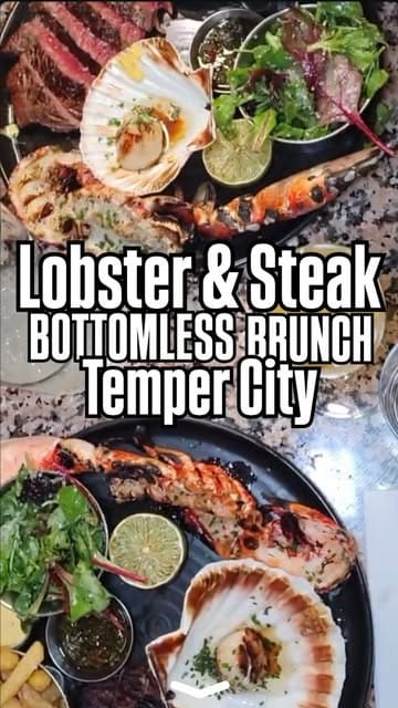 A review of a bottomless brunch experience at Temper City, featuring shots of the open kitchen, the steak and lobster surf & turf, various cocktails, and the live music atmosphere.