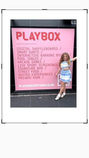 A montage video showcasing the Playbox area at Boxpark, highlighting various arcade games, competitive socialising activities like darts and shuffleboard, karaoke, and casual street food options suitable for a family day out.