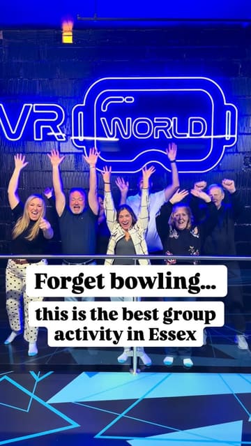 A promotional video for VR World in Basildon, featuring a group of people trying out various virtual reality experiences, including free-roaming team battles, simulators, and a VR treadmill. The video uses fast-paced editing and text overlays to highlight the fun and chaotic nature of the activity.