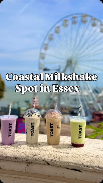 A short video showcasing four different milkshakes from a cafe in Clacton-on-Sea, featuring the Ferris wheel and coastal scenery in the background.