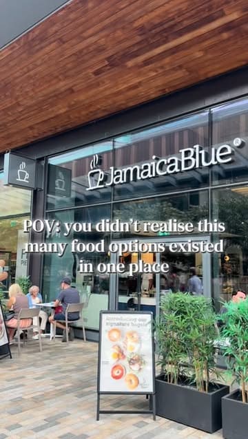 A montage video showcasing various food and drink venues located within The Lexicon shopping centre in Bracknell, including Jamaica Blue, Gail's, Brown Bag, Costa, and Bar Torino.