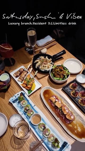 A promotional reel for a Saturday brunch at Sticks'n'Sushi, featuring a montage of sushi, cocktails, the restaurant interior, and a live DJ.