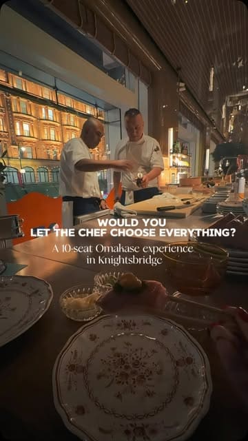 A high-quality, polished reel showcasing an intimate 10-seat Omakase sushi experience in Knightsbridge, featuring close-ups of the chef's preparation, the final dishes, and the view of Harrods.