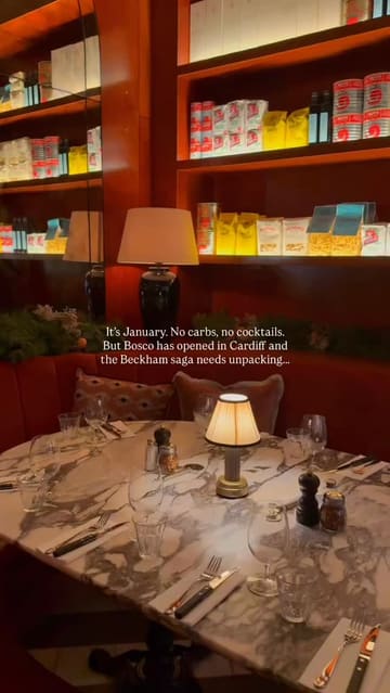 A polished, music-led venue tour of Bosco Pizzeria in Cardiff, showcasing the restaurant's stylish interior, bar area, and a variety of Italian dishes including pizza, risotto, and tiramisu.