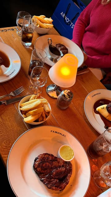 A review of F.X. Buckley steakhouse in Dublin, featuring shots of the exterior, interior, menu, and various dishes including steak and dessert.